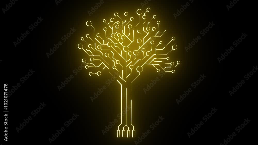 Poster circuit tree on black background in yellow color. science and technology concept.