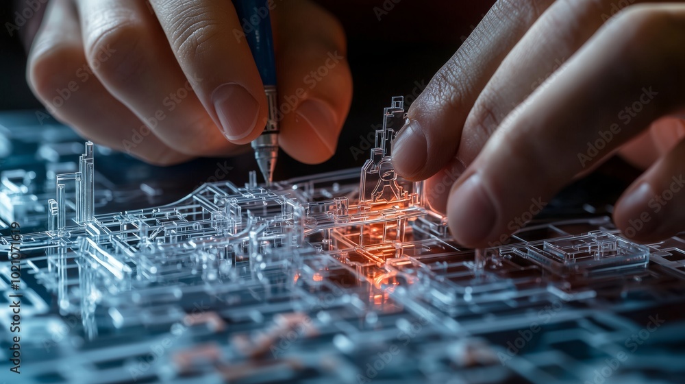 Poster hands assembling a complex 3d puzzle piece
