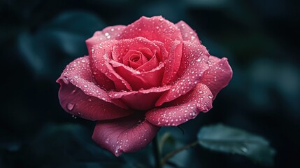Close-up of a vibrant pink rose with dewdrops on petals against a dark, moody background.