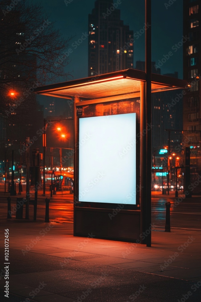 Poster a darkened bus stop scene with an empty billboard, perfect for nighttime or evening themed images