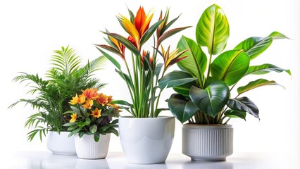 Obraz premium Enhance indoor gardening with a chic white potted Strelitzia, Croton, and Bromelia, adding elegance and vibrancy to your home decor seamlessly.