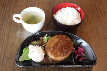 Hamburg steak with Shalyapin sauce (onion and garlic sauce) in Tokyo, Japan