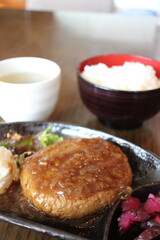 Hamburg steak with Shalyapin sauce (onion and garlic sauce) in Tokyo, Japan