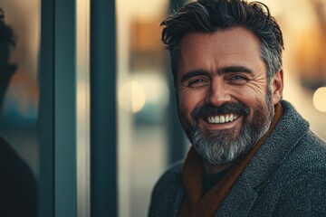 Fototapeta premium A person with a beard sitting or standing in front of a window, possibly thinking or reflecting