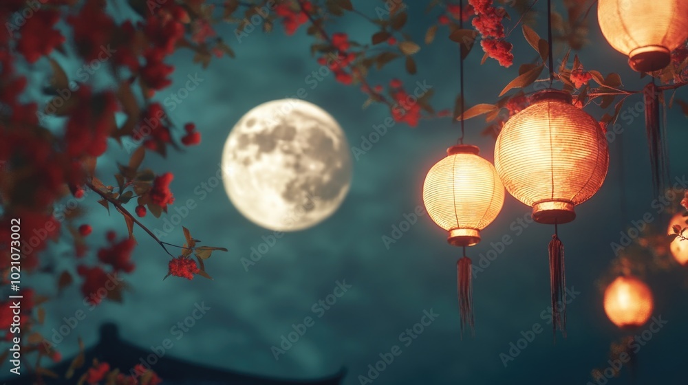 Poster A serene scene with the full moon shining through lanterns, great for use as a background or decorative element