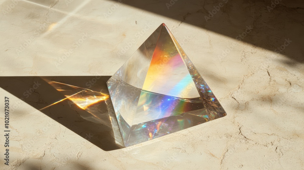Poster a crystal glass prism refracting sunlight into a spectrum of vibrant colors on a smooth surface, cre