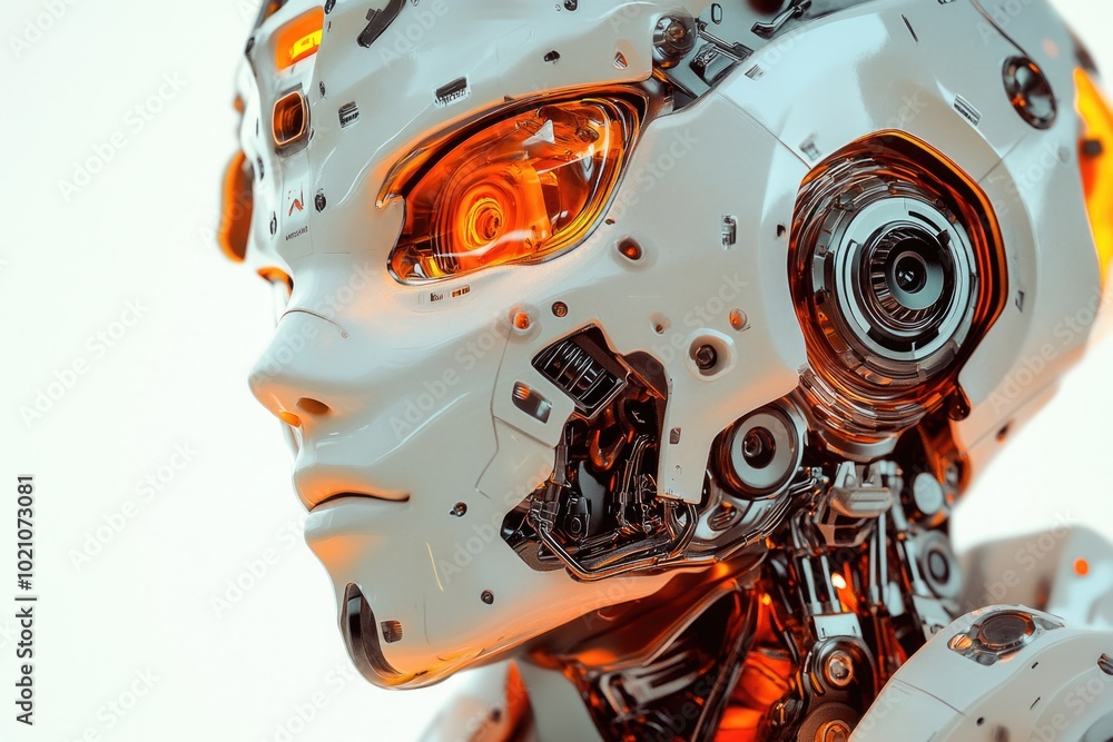 Poster close-up shot of a robot's head with glowing eyes, suitable for sci-fi or futuristic themed projects