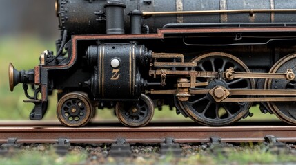 Naklejka premium Vintage Steam Locomotive on Track with Detail Focus