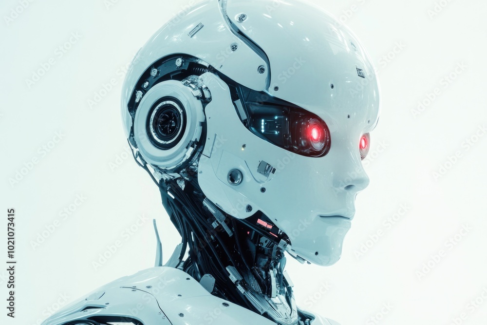 Poster a close-up view of a robot's head featuring bright red eyes