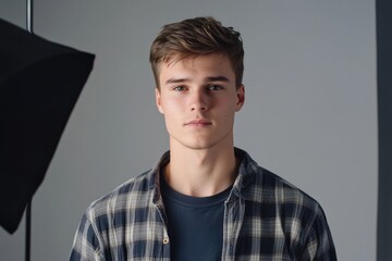 Obraz premium A person standing in front of a camera, ready for an interview or photo shoot