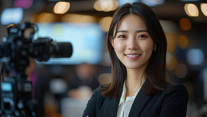 Asian Woman Journalist - camera, photographer, woman, portrait, smiling, professional, studio, media, creative, photography, camera equipment, fashion