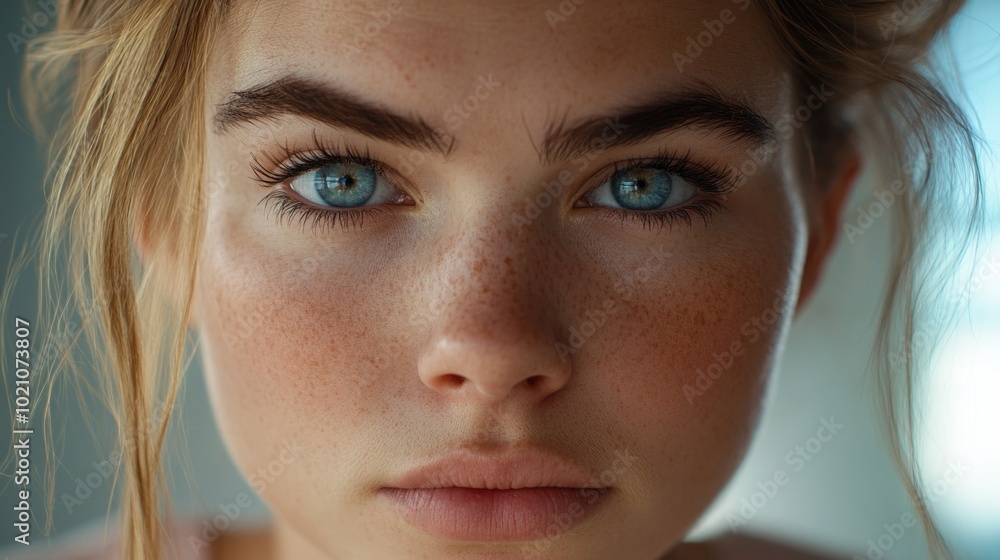 Poster close-up portrait of a woman with distinctive freckles, ideal for use in editorial or advertising co