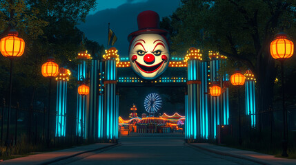 Creepy Clown Entrance at Amusement Park Night