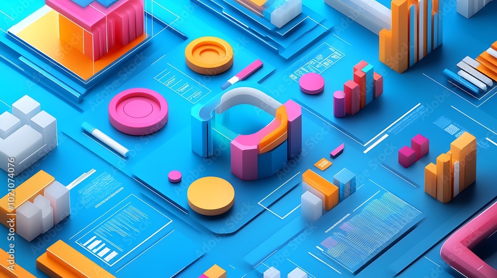 Poster abstract 3d geometric shapes and data visualizations on a blue background