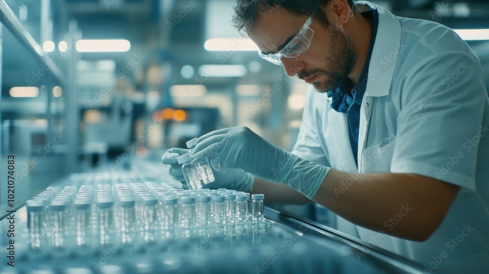 Aufkleber a scientist in a lab coat and goggles works on a machine, focusing on the details