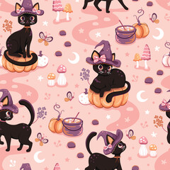 Seamless pattern with cute back cats with purple witch hats and pink coquette bows and orange pumpkins on a fun Halloween design. Repeated surface vector print.