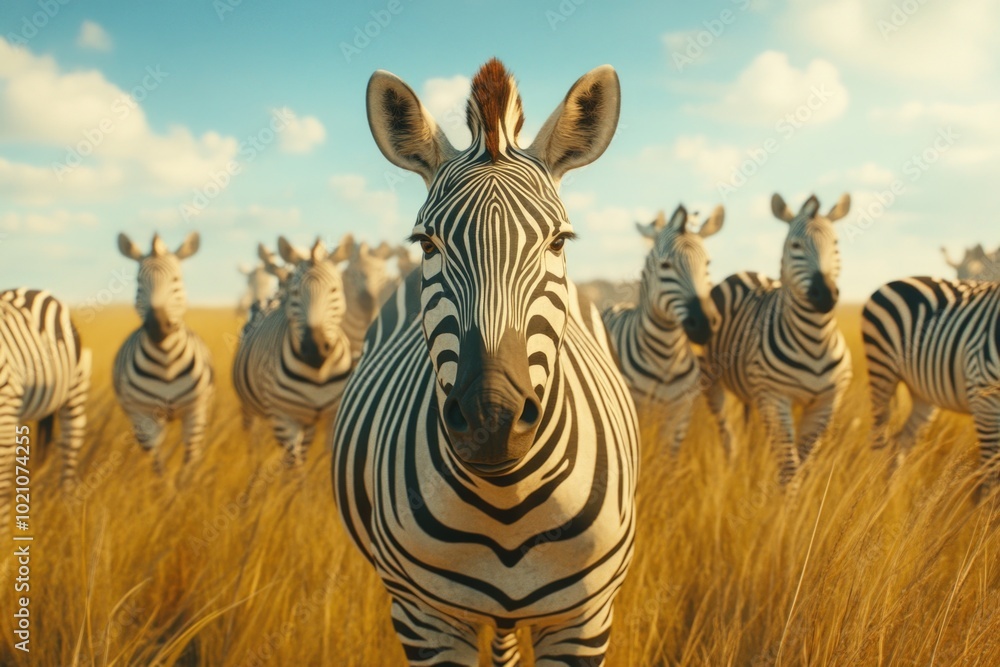 Canvas Prints Wild zebras grazing on a dry, yellow grass field