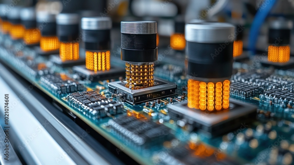 Poster circuit board with orange-lit components and sensors.