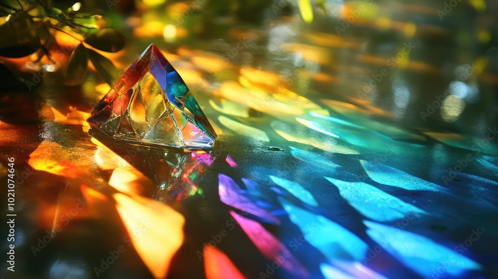 Poster a crystal glass prism refracting sunlight into a spectrum of vibrant colors on a smooth surface, cre