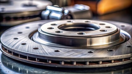 Close-up of a shiny, new brake rotor with a smooth, metallic finish and a series of evenly spaced holes along the outer edge