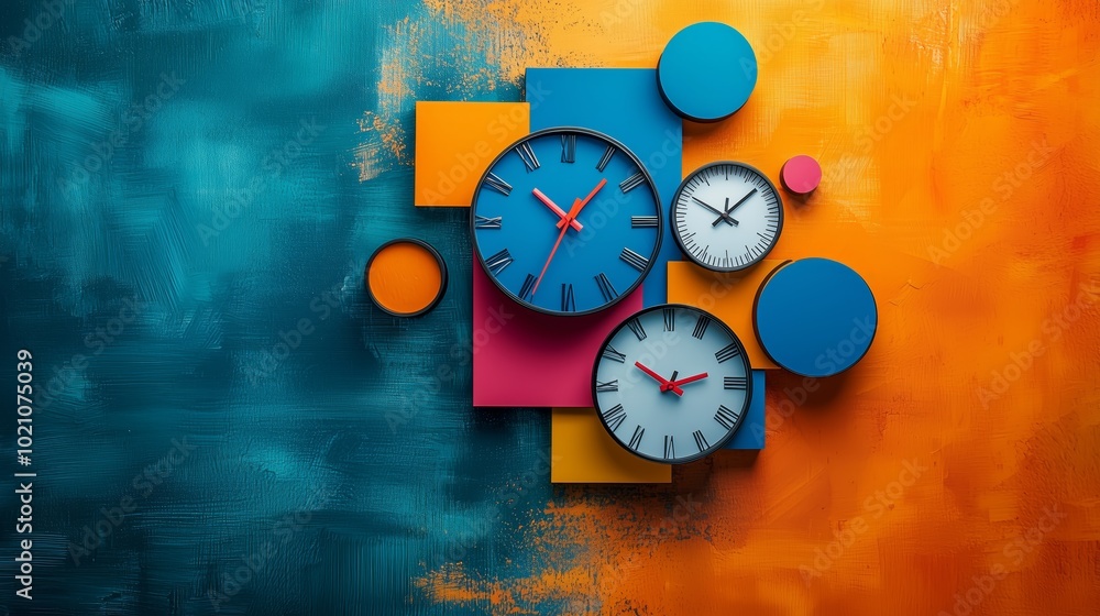 Poster abstract representation of time with colorful clocks