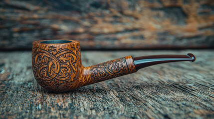 A meticulously carved pipe showcases traditional artistry and elegance with detailed patterns, reflecting skill and dedication to a classic and timeless style.