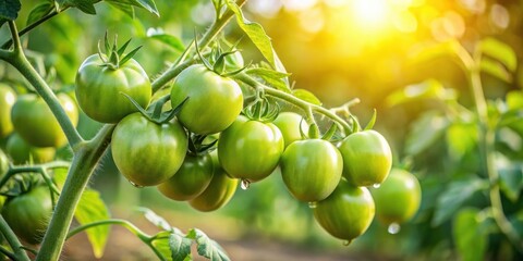 Unripe Green Tomatoes on a Vine with Sunbeams Shining Through the Foliage