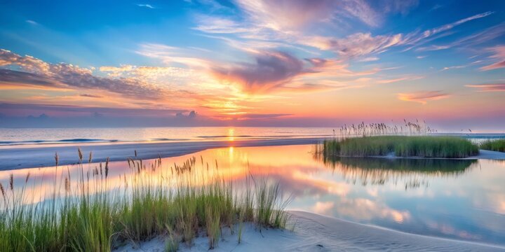 Experience a minimalist sunrise painted over St. Simons Island, Georgia, where serene coastal landscapes blend in soft pastels to evoke peaceful