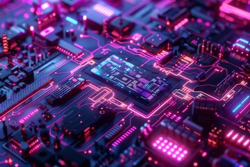 Obraz premium A vibrant digital circuit board illuminated by bright blue and red lights showcasing technology and innovation in a dark setting