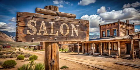 A Rustic Wooden Sign Reads Saloon in Front of a Western Town Setting