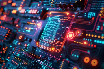Obraz premium A vibrant digital circuit board illuminated by bright blue and red lights showcasing technology and innovation in a dark setting