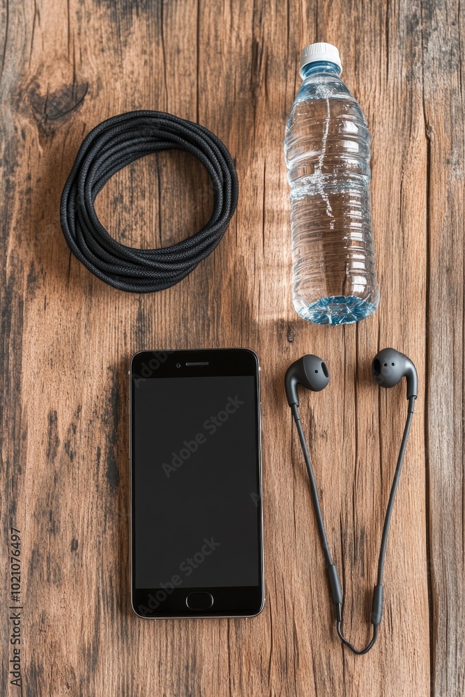 Poster a simple setup with a phone, headphones, and water bottle on a table