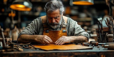 An experienced craftsman meticulously works with leather in his traditional workshop.
