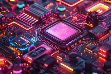 Obraz premium A vibrant digital circuit board illuminated by bright blue and red lights showcasing technology and innovation in a dark setting