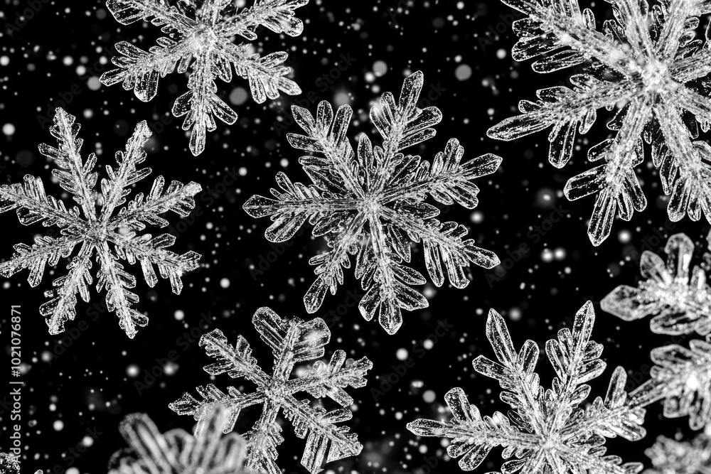 Poster a cluster of snowflakes suspended in mid-air, showcasing their unique patterns and shapes