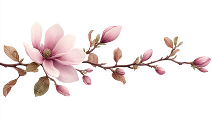 Delicate pink magnolia flower with buds on a branch, white isolated background.