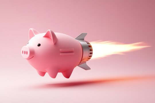 A piggy bank with a pink color and a jet ejection system, possibly for saving money or adding excitement to financial goals