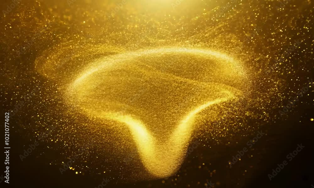 Poster golden particle vortex in dark background resembles celestial or magical portal.