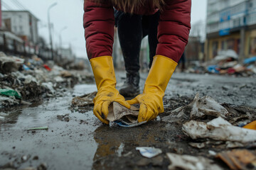 A volunteer in rubber gloves cleans up trash in the city. Volunteers Day