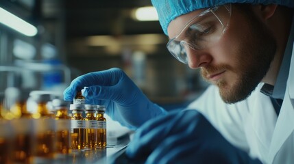 A scientist holds a vial while wearing a lab coat and goggles, representing a scene of scientific experimentation or research