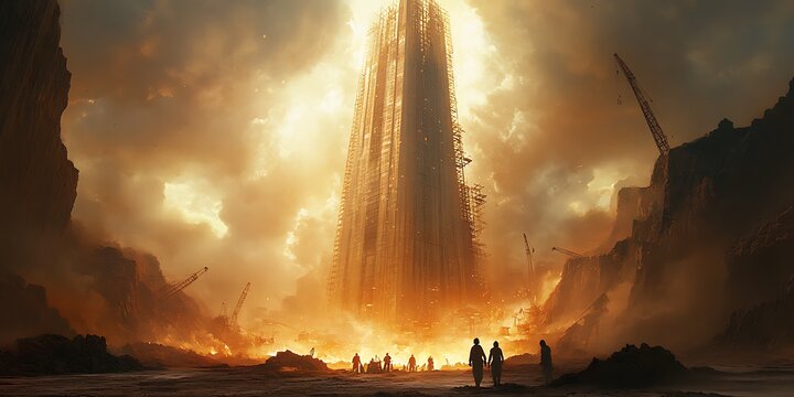 Silhouetted figures stand before a colossal skyscraper under a dramatic sunset.