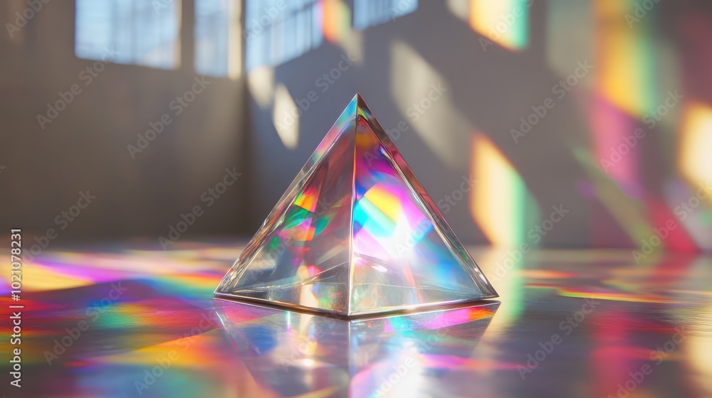Poster a glass pyramid standing on a polished surface, with the sunlight splitting into multiple rays and c