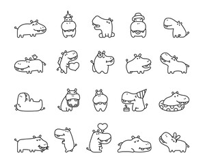 Fototapeta premium Cute hippos character. Coloring Page. Friendly cartoon animal. Hand drawn style. Vector drawing. Collection of design elements.