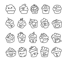 Cute kawaii muffin. Coloring Page. Cartoon tasty baking. Vector drawing. Collection of design elements.