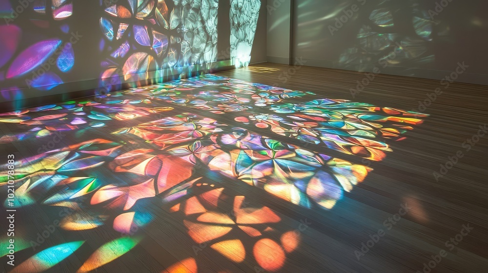 Poster a glass window panel with intricate designs, casting a beautiful spectrum of refracted light pattern