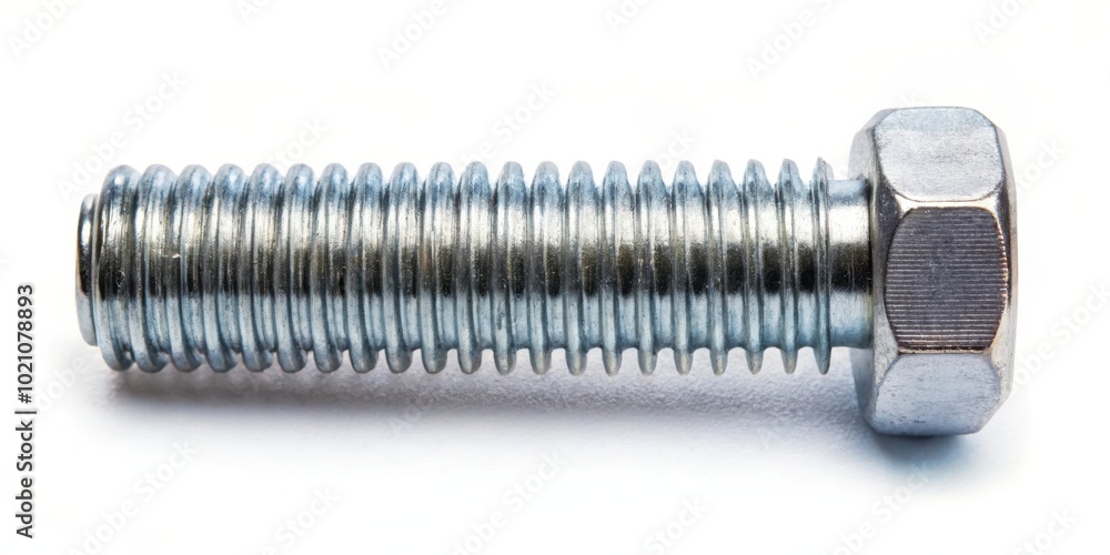 Aufkleber close-up of a single silver metallic screw with a hexagonal head isolated on a white background