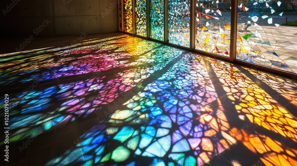 Poster a glass window panel with intricate designs, casting a beautiful spectrum of refracted light pattern