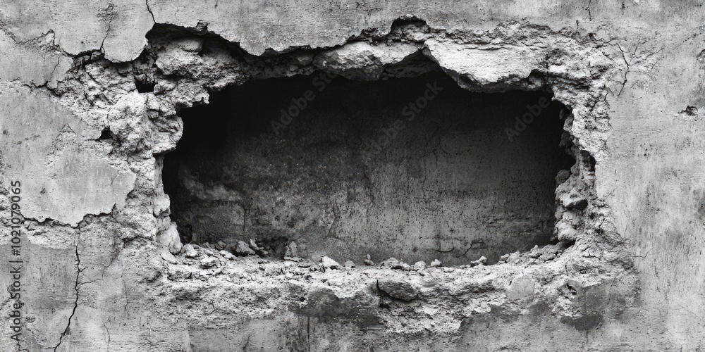 Poster a black and white photograph of a hole in a concrete wall, suitable for use in architecture, constru