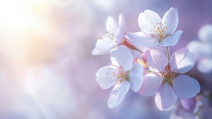Soft morning light illuminates delicate cherry blossoms in full bloom, creating a serene and ethereal atmosphere.