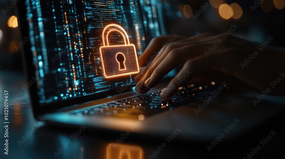 Poster a person sitting in front of a laptop, typing away with a glowing padlock on the screen